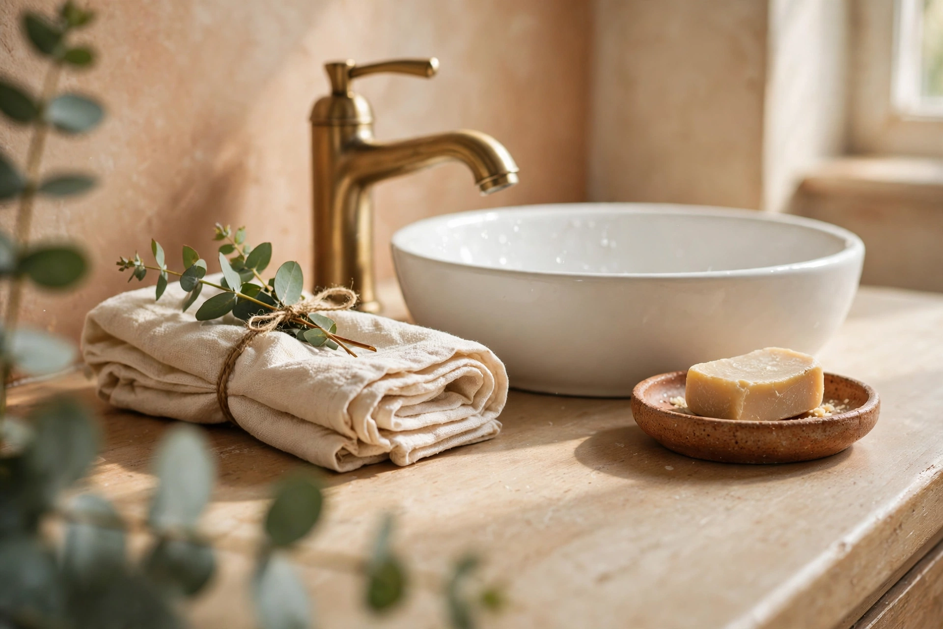 Close-up of a small bathroom vanity countertop in warm cream tones with a folded eucalyptus-tied towel, ceramic soap dish, and soft window light