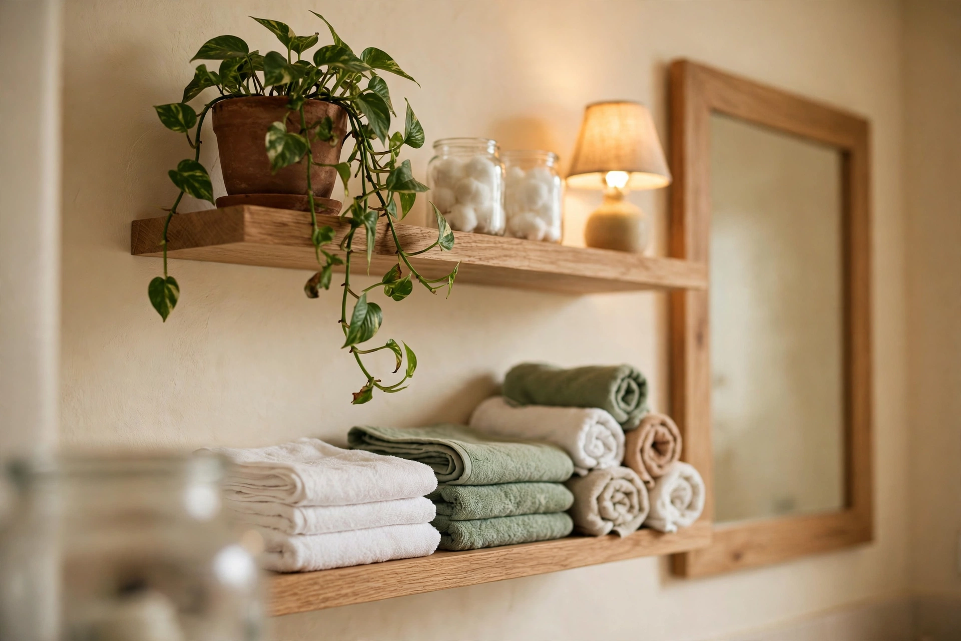 Styled open bathroom shelves with folded white and sage towels, glass jars of cotton balls, a small lit lamp, and a trailing pothos plant beside a warm wood-framed mirror