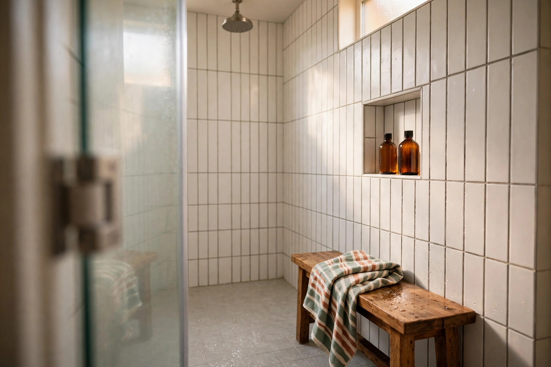 Angled view of a small walk-in shower with clear glass door, vertical white subway tile, and a folded towel on a wooden bench