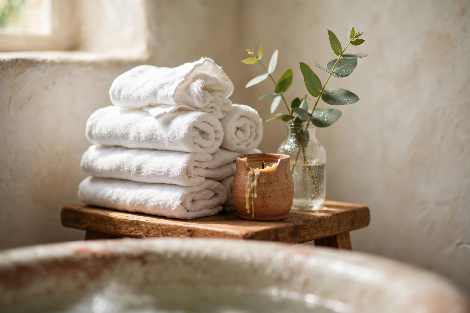 Close-up detail of rolled white hand towels stacked on a wooden stool beside a bathtub with a sprig of eucalyptus and soft warm light
