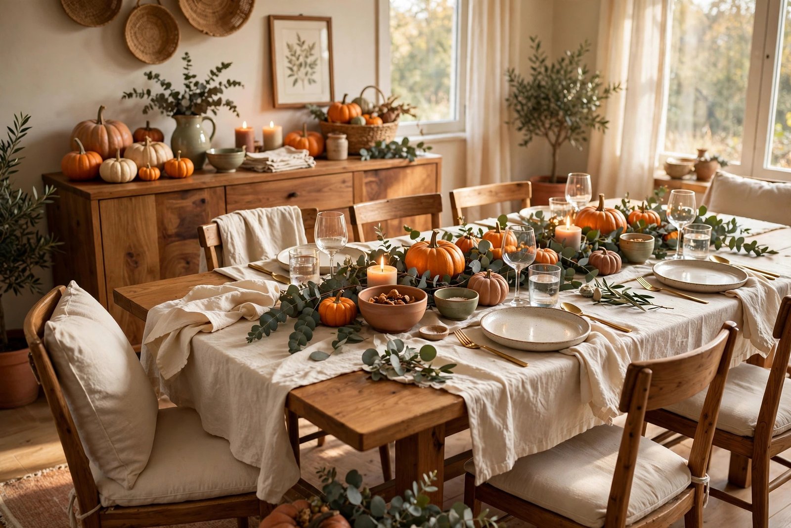 A sunlit dining room with a wooden table set for Thanksgiving: cream linen cloth, eucalyptus garland with pumpkins and lit candles down the center, ceramic plates and gold flatware at each seat, sideboard behind dressed with pumpkins and greenery