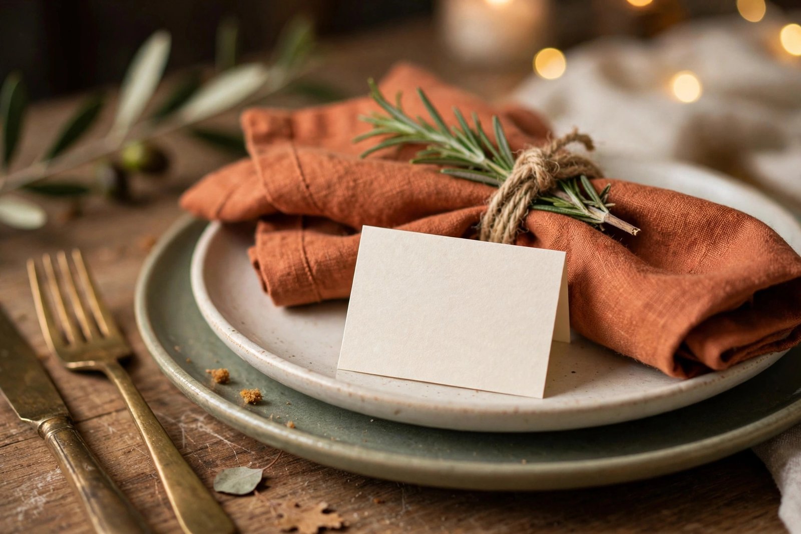 Close-up of a Thanksgiving place setting: stacked sage and cream ceramic plates, a folded terracotta linen napkin tied with twine and a rosemary sprig, a blank cream place card, and brass flatware beside the plates