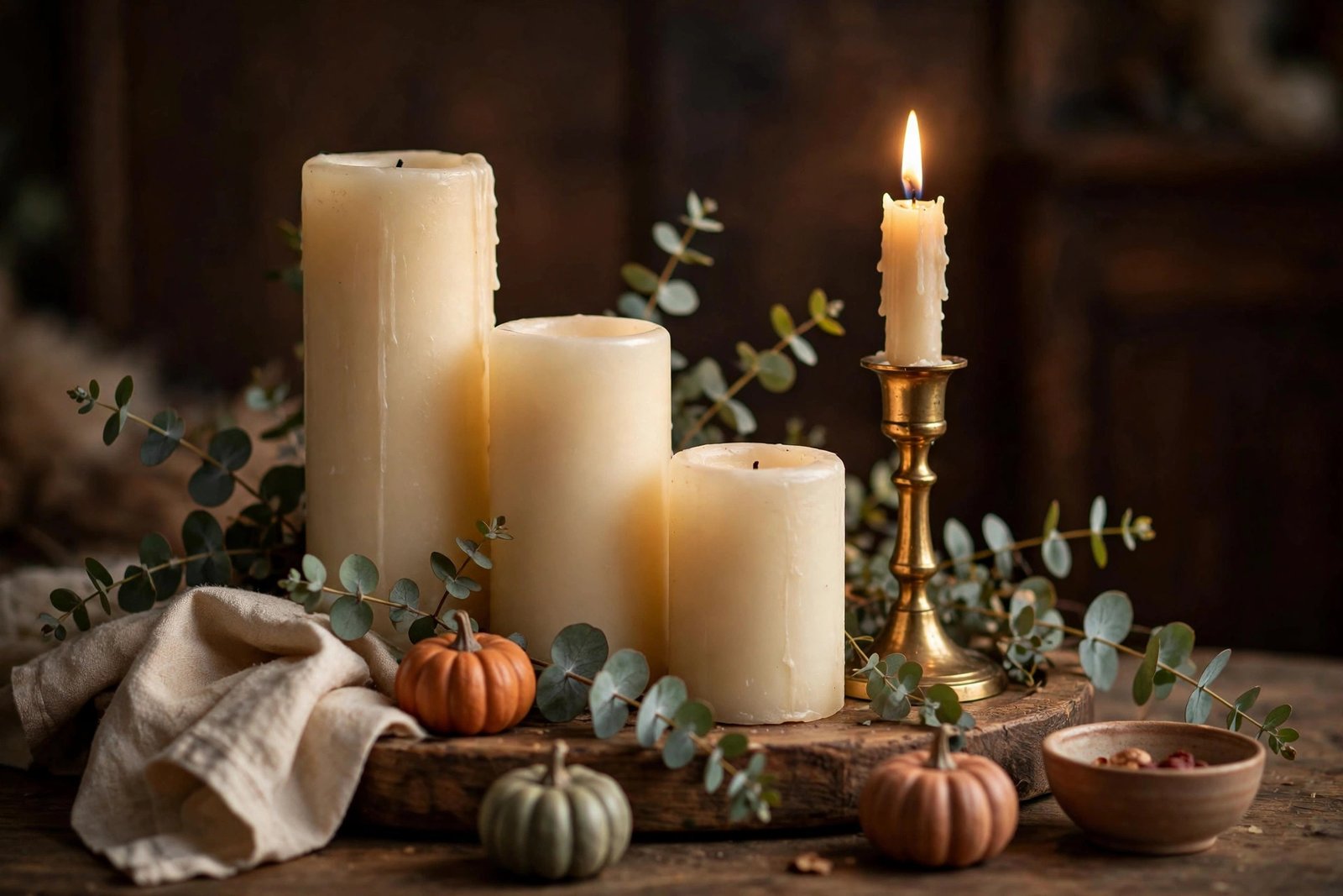 Three cream pillar candles of different heights and a lit taper in a brass candlestick on a wooden tray, surrounded by eucalyptus sprigs, mini pumpkins, folded cream linen, and a small ceramic bowl of nuts