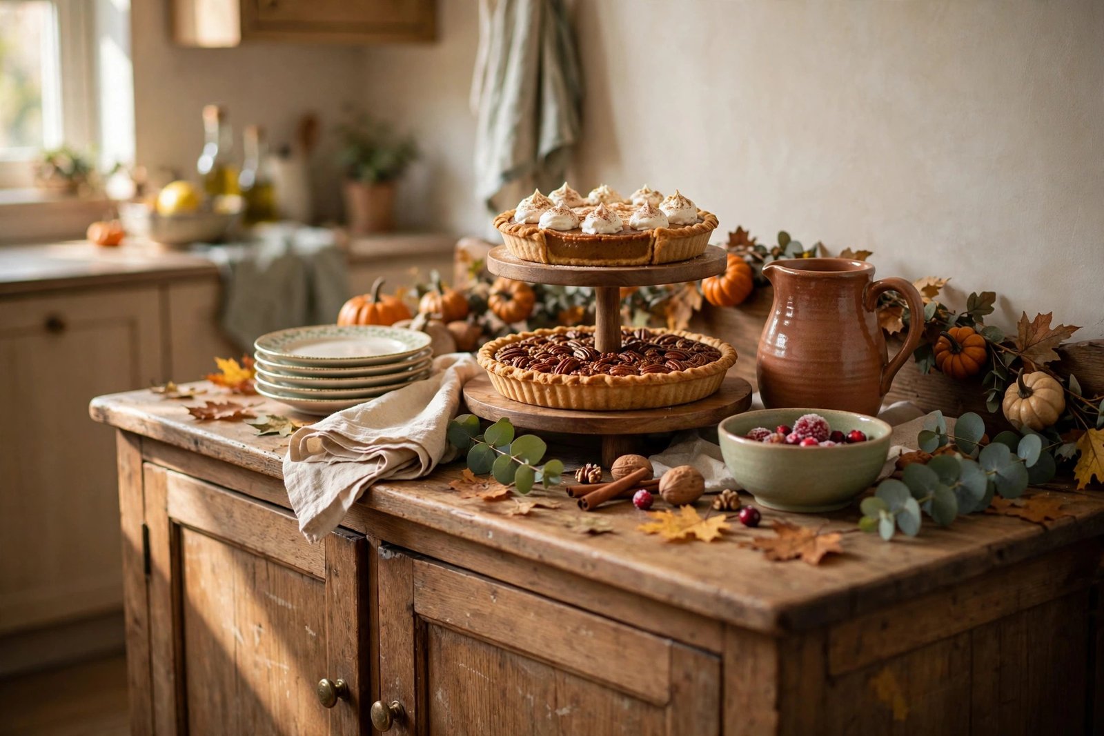A rustic wooden sideboard photographed at a three-quarter angle with a two-tiered stand holding a whipped-cream-topped pumpkin pie over a pecan pie, stacked dessert plates, a terracotta pitcher, a bowl of cranberries, and scattered fall leaves