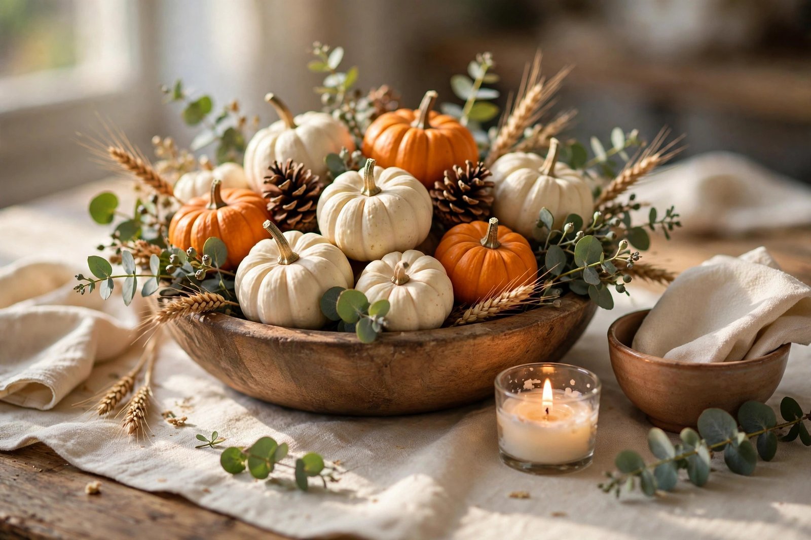 A low wooden dough bowl filled with white and orange mini pumpkins, pinecones, eucalyptus sprigs, and dried wheat stems, with a lit tea light in a glass votive glowing beside it on a cream linen runner