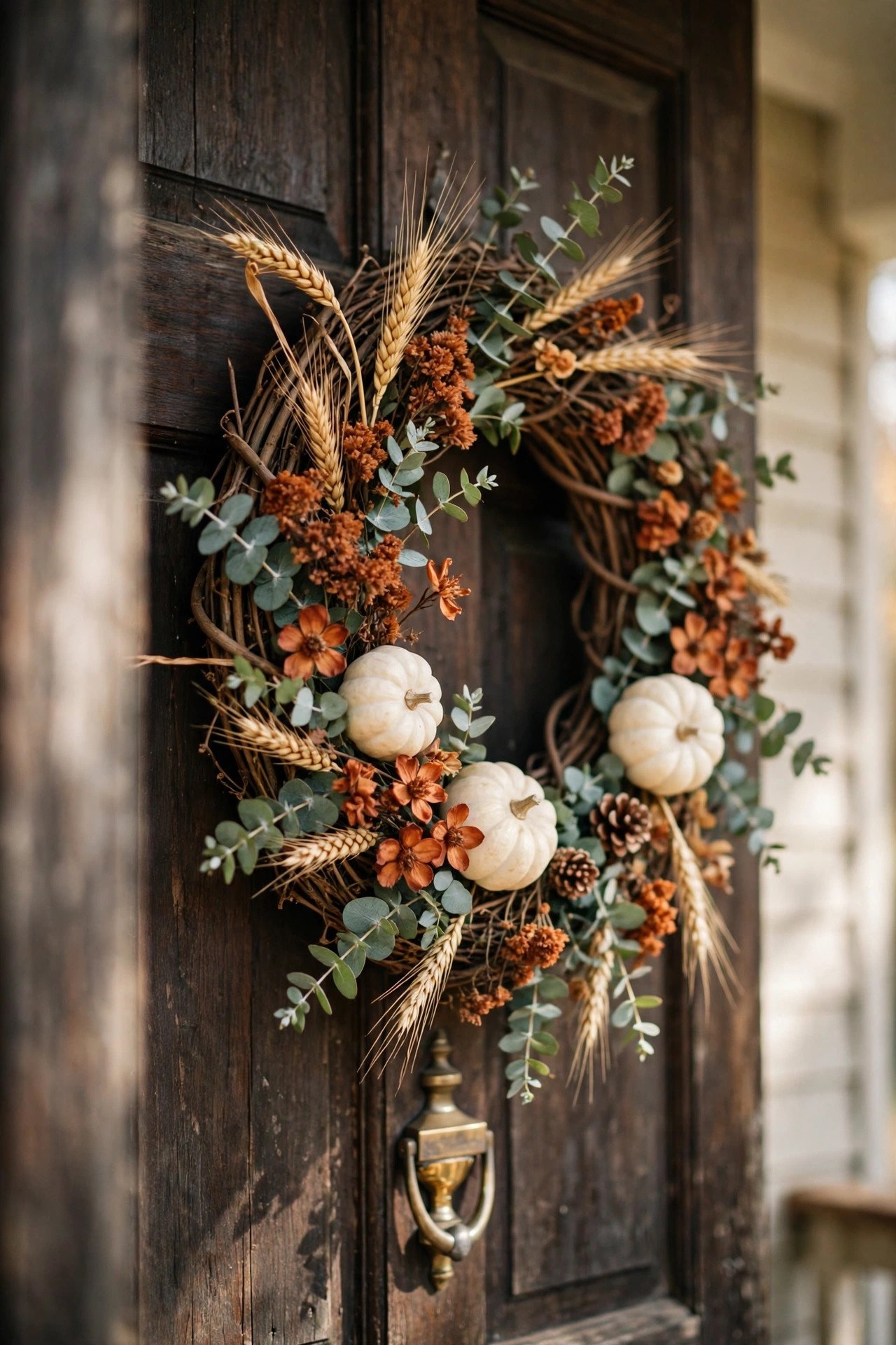 Close-up of a dried-floral harvest wreath hanging on a dark wooden front door: amber wheat stalks, rust-colored dried blooms, pinecones, small white pumpkins and eucalyptus sprigs woven into a grapevine base, with a brass door knocker just below.