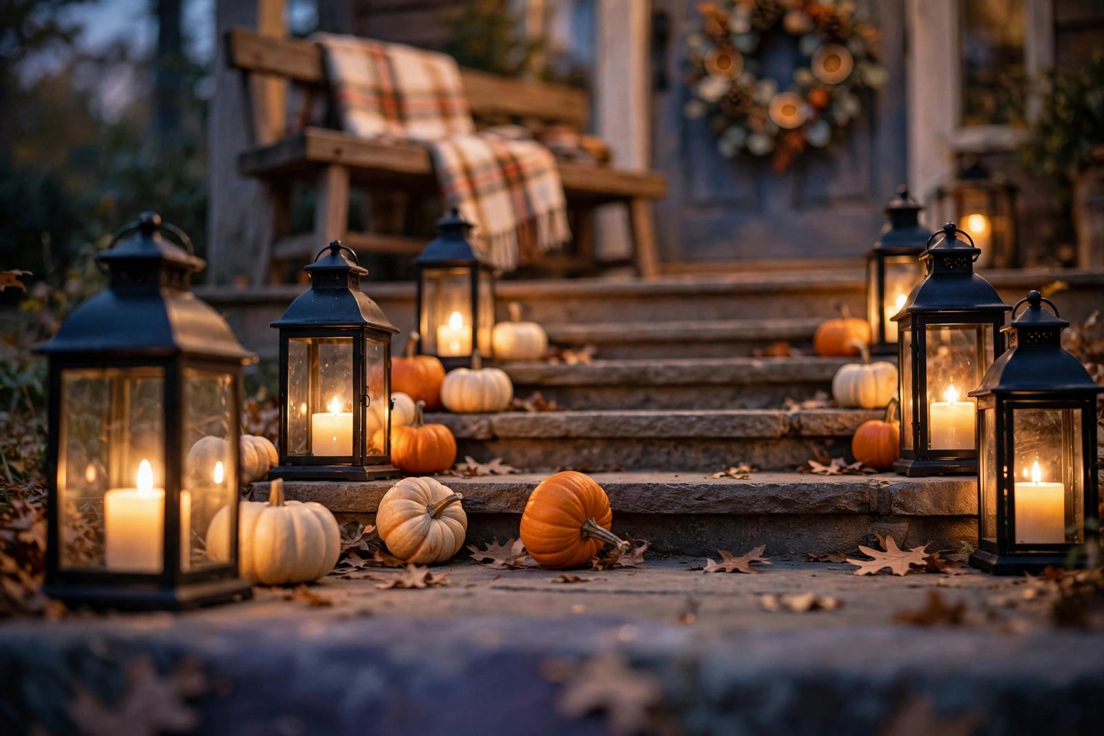 Stone porch steps at dusk lined with black metal lanterns glowing with warm candlelight, small cream and orange pumpkins tucked between the lanterns, and a folded plaid blanket draped over a wooden bench at the top of the steps.