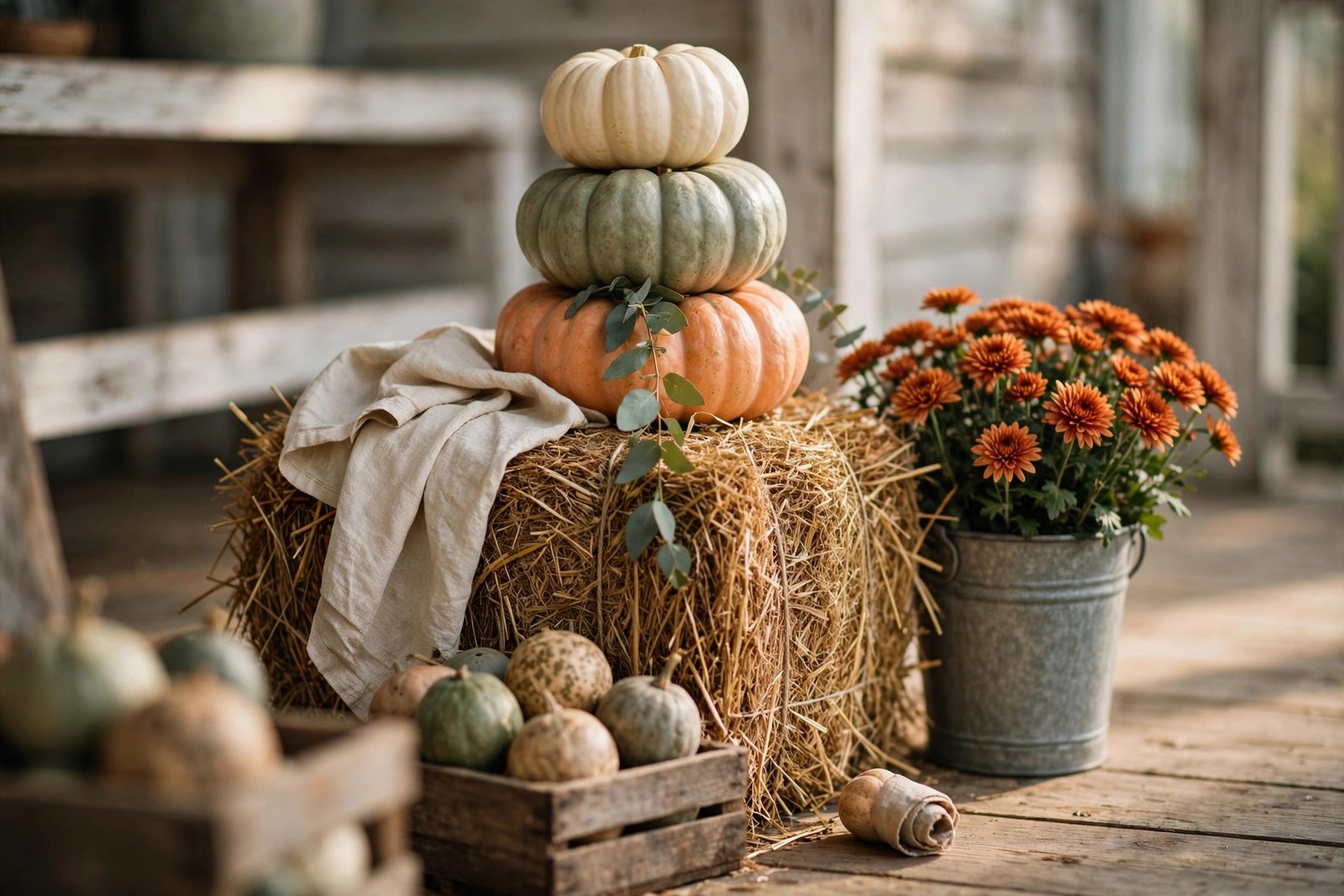 Styled porch corner with a square straw bale topped by a stack of heirloom pumpkins in cream, sage green and soft orange, a folded linen cloth draped over the bale, a galvanized bucket of rust-colored mums beside it, and a small wooden crate of gourds at its base.