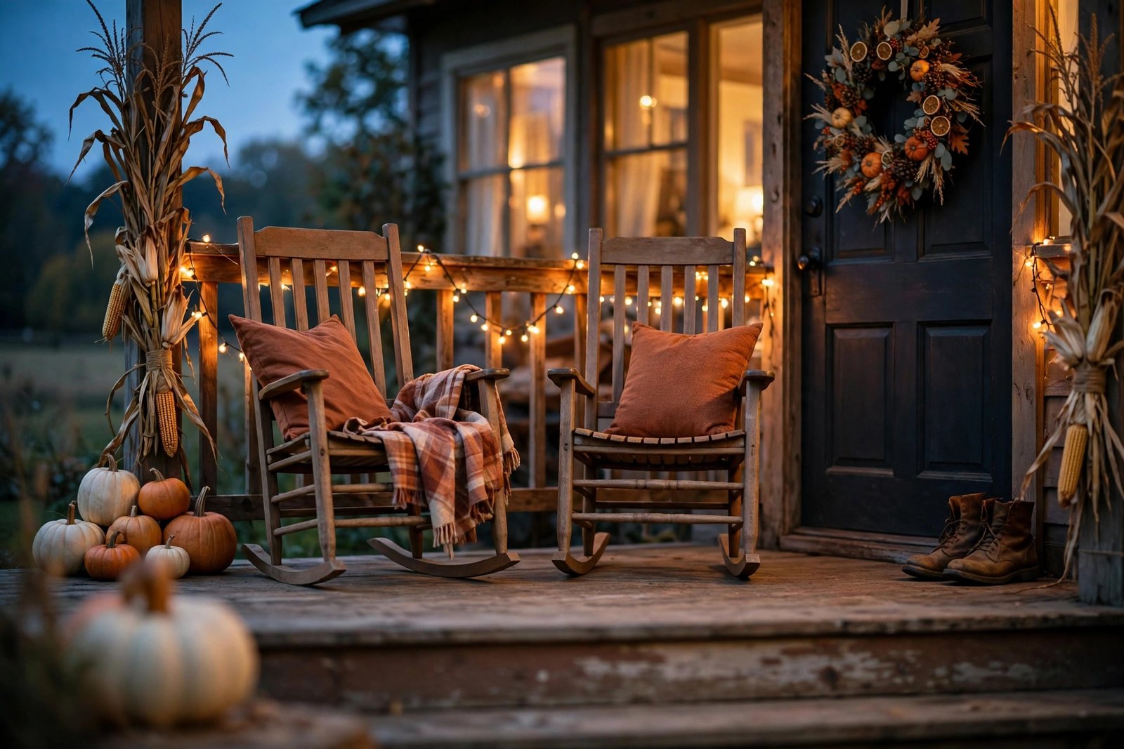 Wide view of a farmhouse front porch at dusk: warm string lights woven along the wooden railing, two wooden rocking chairs dressed with rust-colored pillows and a folded plaid throw, corn stalk bundles tied to the porch posts, and pumpkin clusters flanking a dark front door with a harvest wreath.