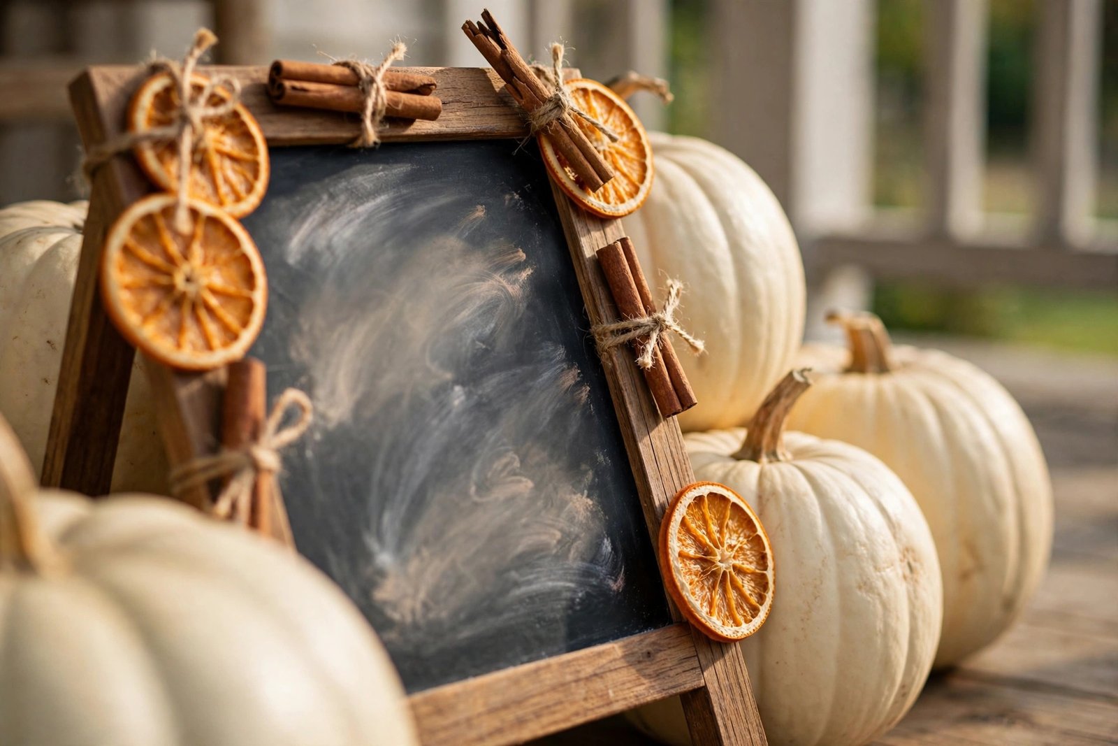 Close-up of a small wooden-framed chalkboard easel with only soft blurred chalk smudges on its surface, leaning against cream pumpkins on a porch, with cinnamon sticks and dried orange slices tied with twine along the frame.