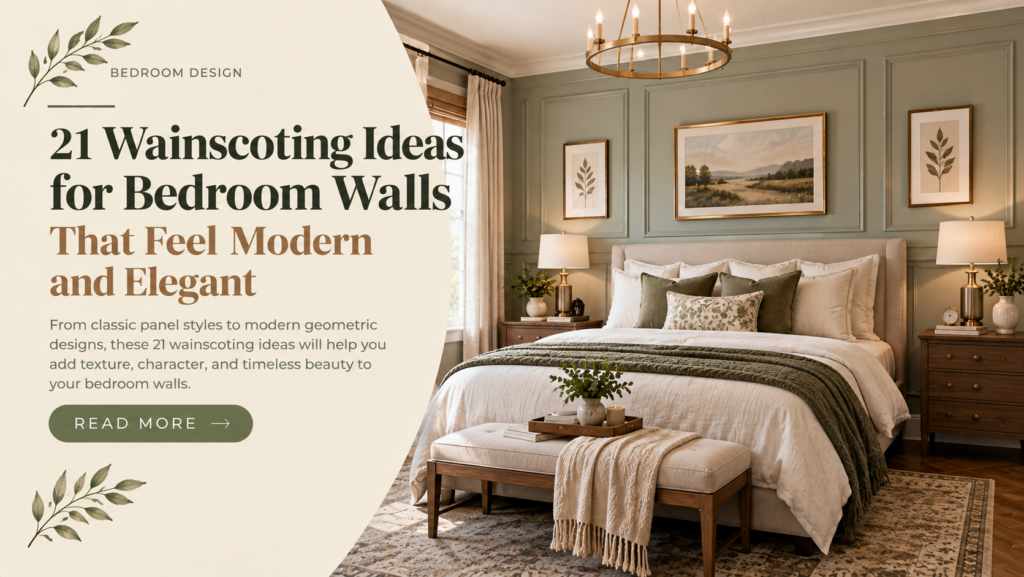 Modern white wainscoting ideas for bedroom walls behind a neutral upholstered bed.