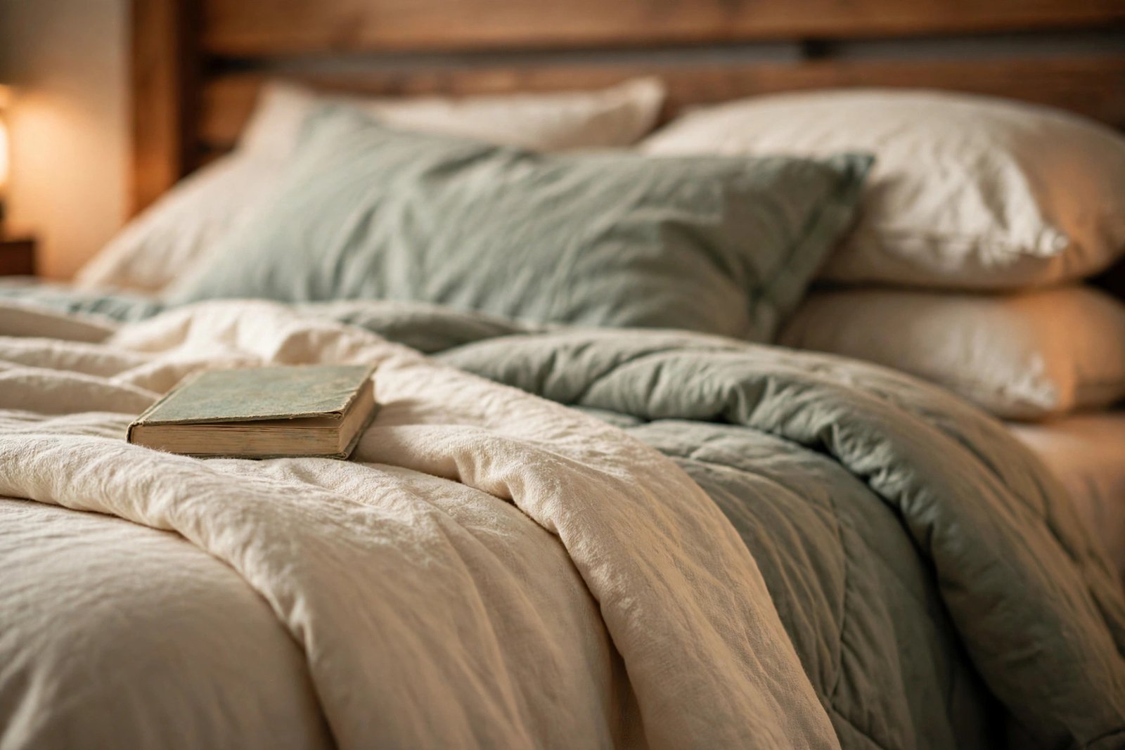 Close-up of layered winter bedding with cream flannel sheets folded back, sage pillows, and a closed book resting on the sheets
