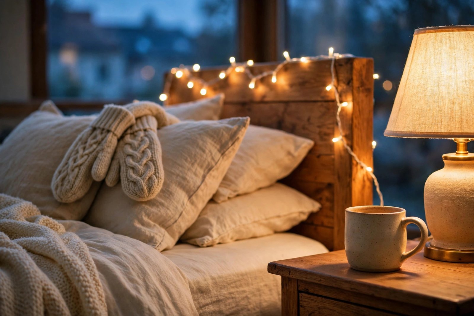 Wooden headboard wrapped with glowing warm fairy string lights, knit mittens on pillows, and a ceramic mug beside a lit lamp on the nightstand