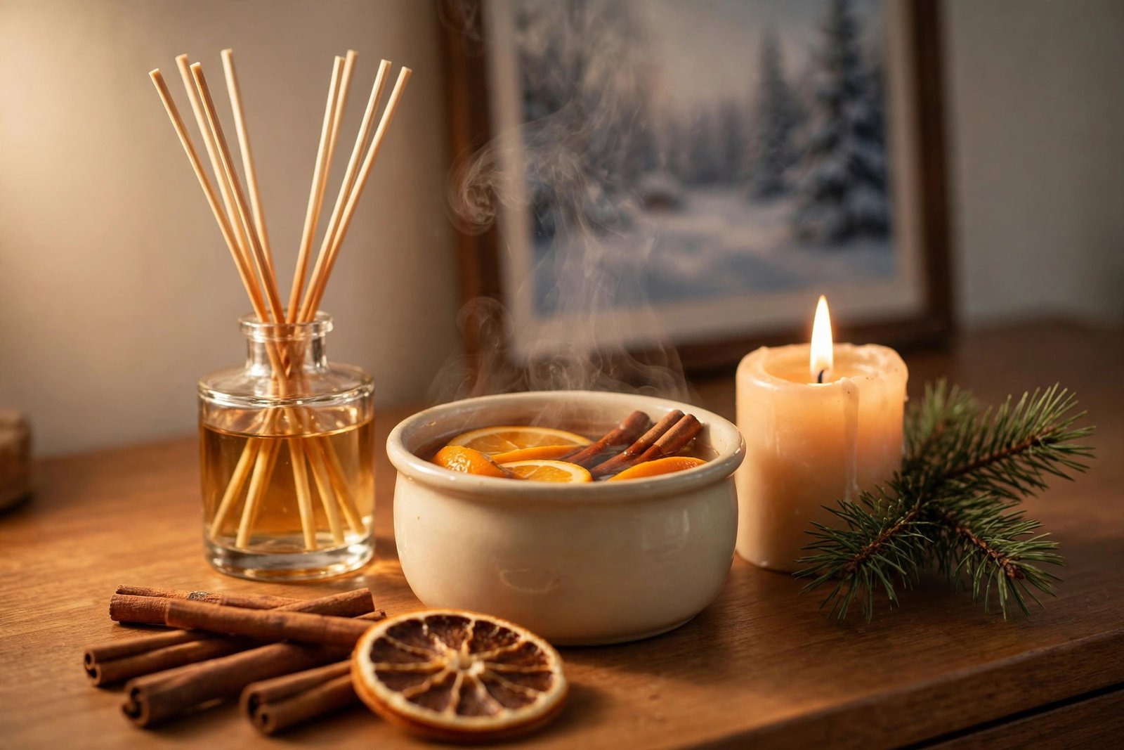 Reed diffuser and steaming bowl of orange slices and cinnamon sticks on a wooden dresser beside a lit pillar candle and pine sprig