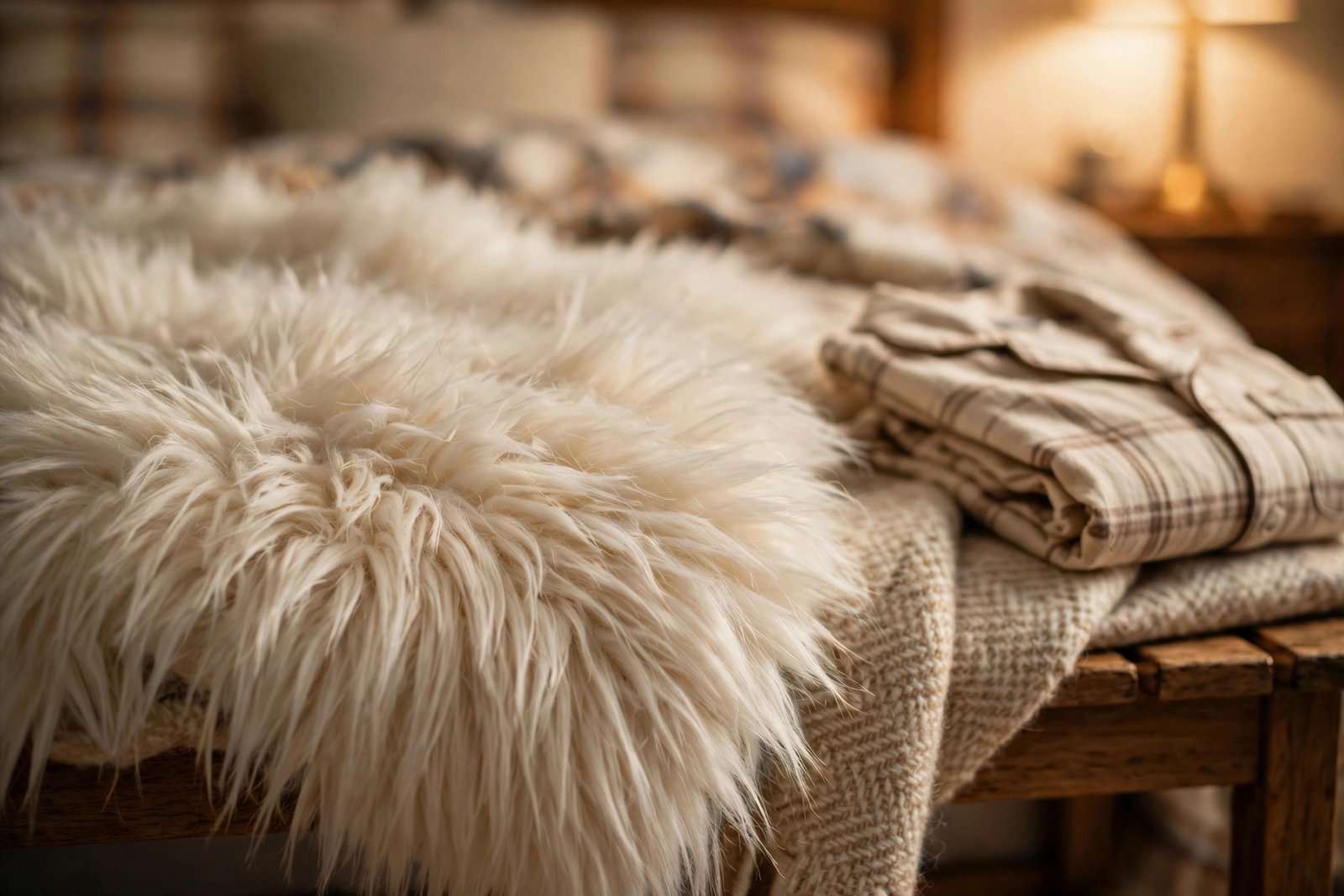 Close-up of a plush white faux fur throw on a wooden bench with folded plaid pajamas beside it