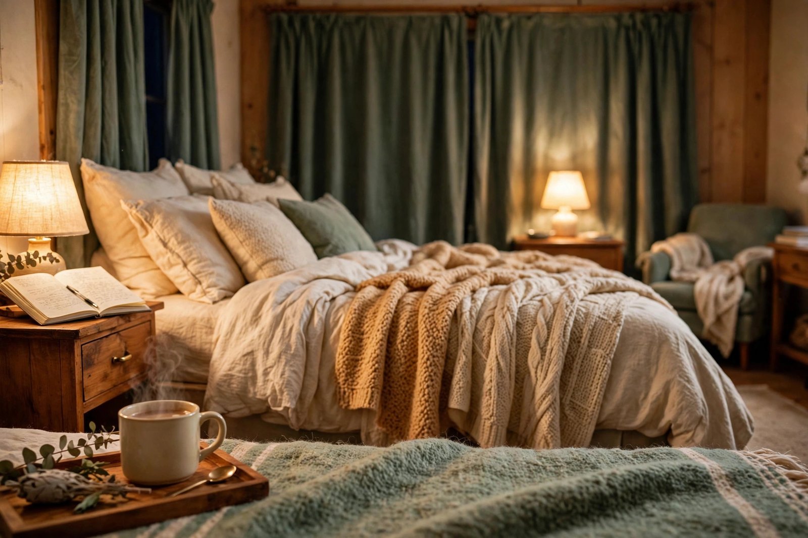 Cozy winter bedroom at night with layered bedding, glowing bedside lamps, an open journal on the nightstand, and a steaming mug on a tray