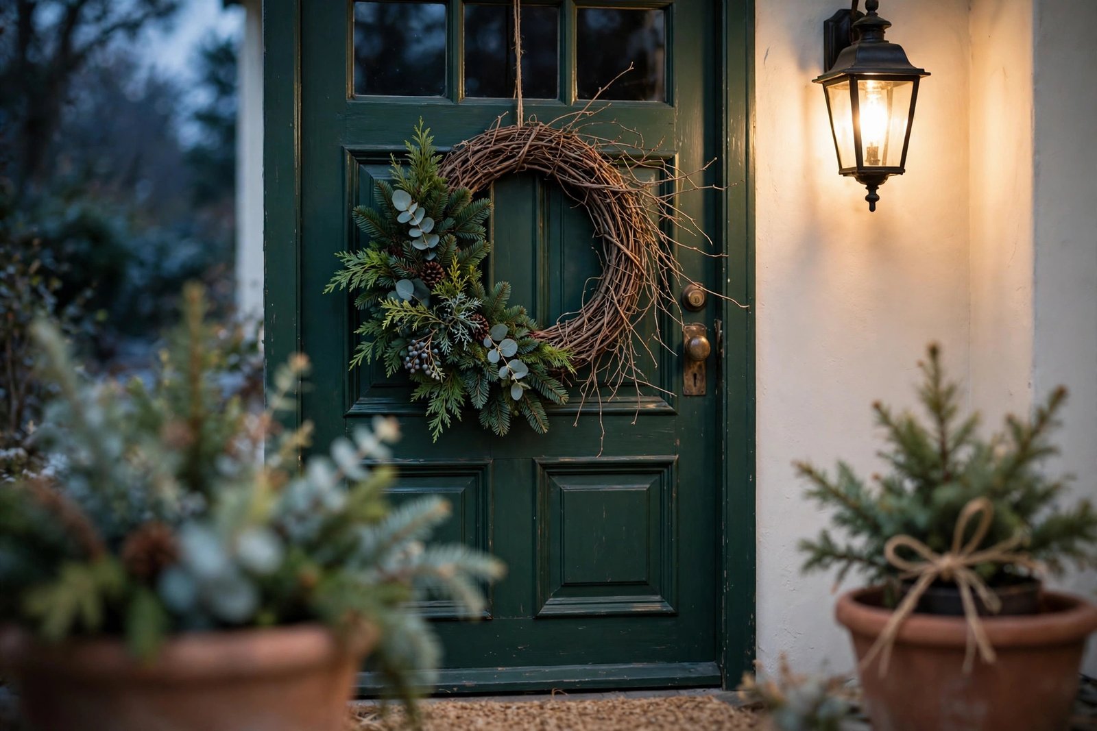 An asymmetric Christmas wreath of mixed cedar, fir, eucalyptus and juniper on a deep green front door at dusk, a warm porch sconce glowing beside it and terracotta planters with winter greens framing the doorway.
