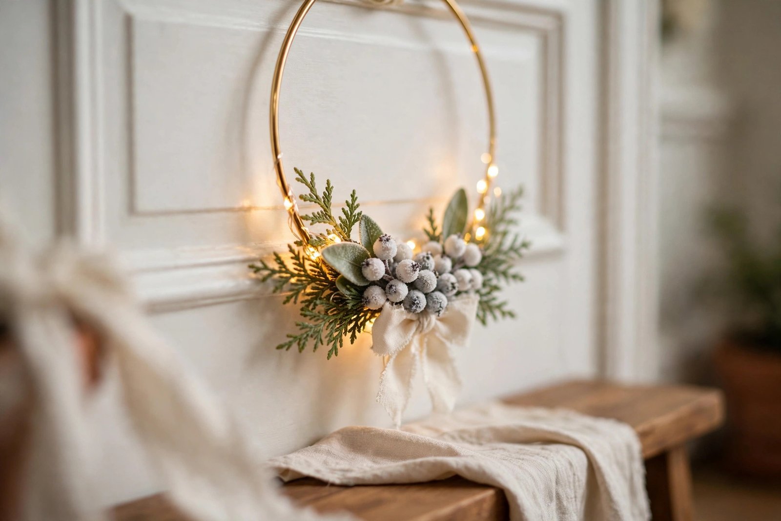 A minimalist gold hoop Christmas wreath with cedar sprigs, frosted white berries, a cream linen bow and warm fairy lights on a white door, a flax linen runner resting on the entry bench below.