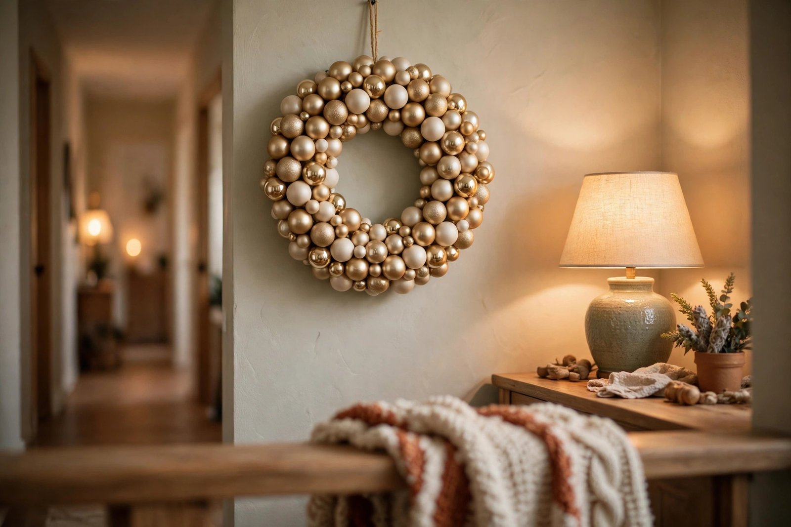 A Christmas wreath covered edge-to-edge in champagne-gold and matte cream baubles hanging on a hallway wall beside a glowing table lamp, with a chunky knit throw draped over the console below.