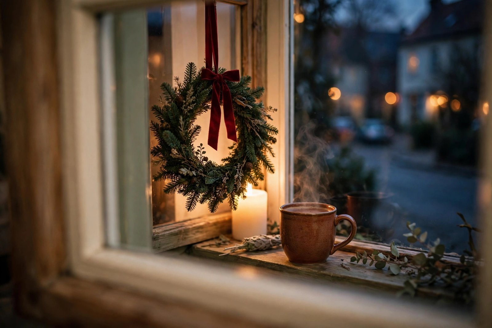 A small evergreen Christmas wreath with a red velvet bow hanging in a front window at dusk, a lit pillar candle and a steaming ceramic cocoa mug on the windowsill, warm lights glowing in the evening street beyond the glass.