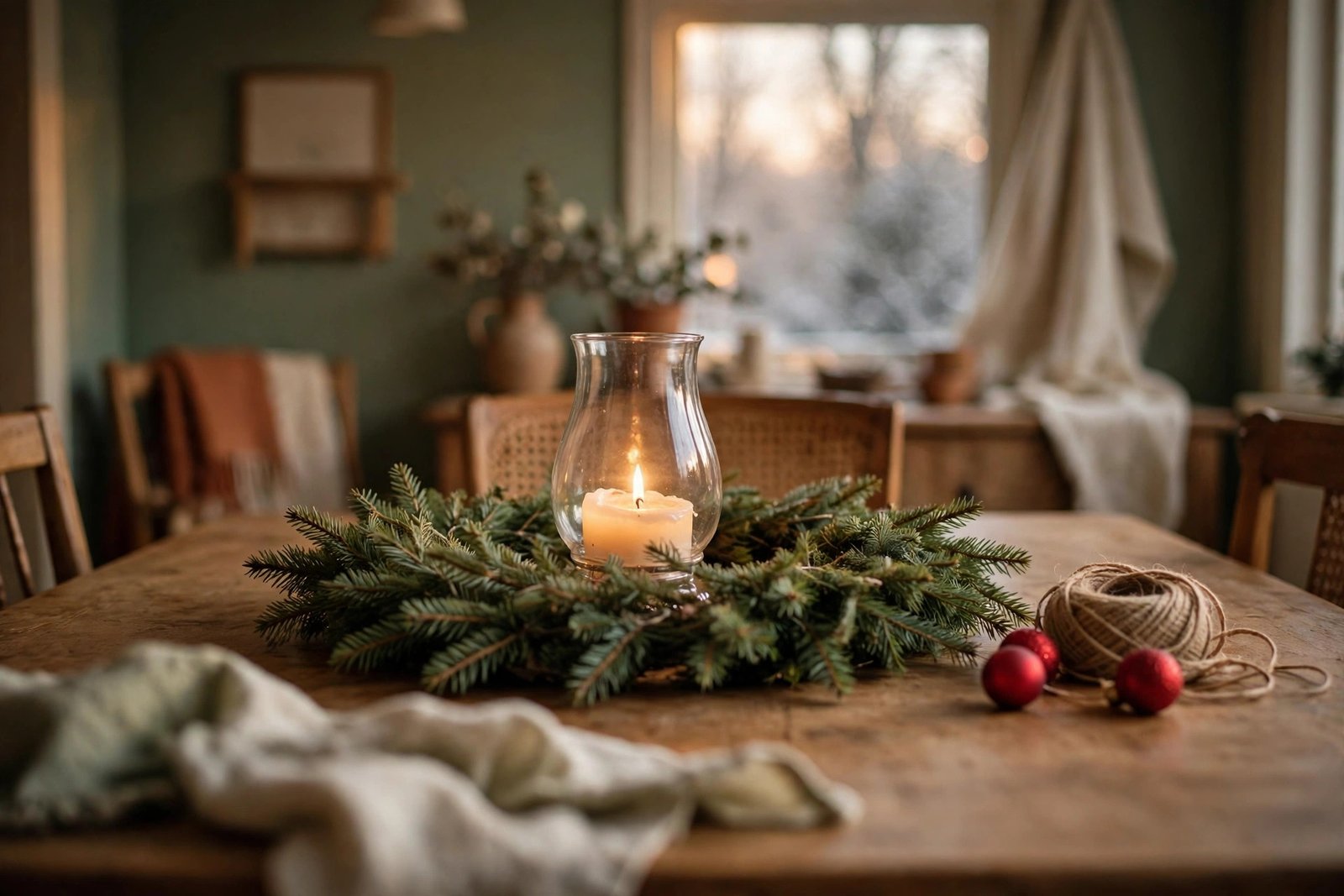 An evergreen Christmas wreath laid flat on a wooden dining table as a winter centerpiece with a lit candle inside a glass hurricane lantern, a coil of jute twine and red ornaments resting on the table beside it.